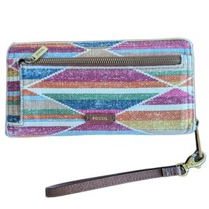 Fossil Multicolor Geometric Zip Around Clutch Fabric Wallet
